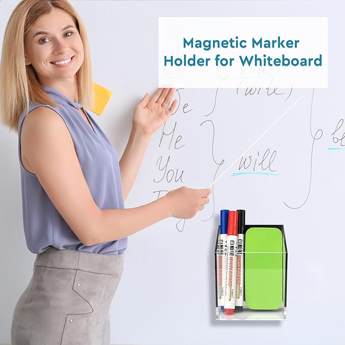 VACONICO Magnetic Pen Holder, Acrylic Dry Erase Marker Holder, Large Capacity Pencil Holder for Whiteboards, Fridge, Lockers Office School Supplies (Clear & 1 Compartments)