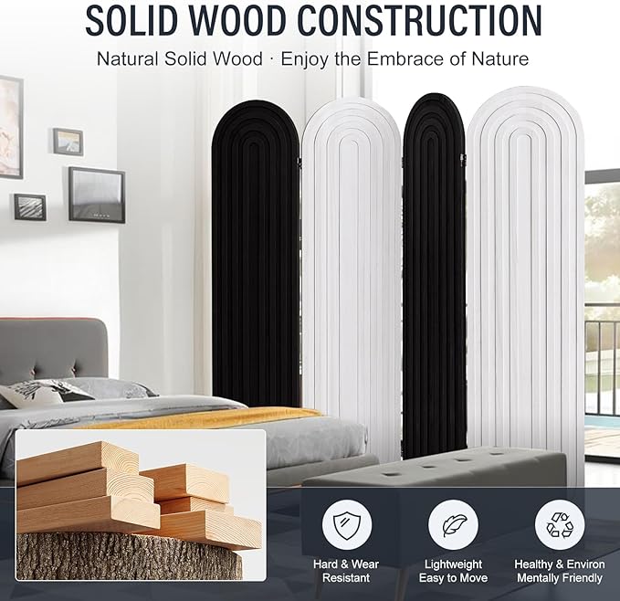 Asnefeli Room Divider 4 Pnale, Folding Privacy Screen, Foldable Wood Arched Room Divider Wall, Portable Partition Screen, Partition Divider for Room Separation for Home Office Bedroom, Black/White