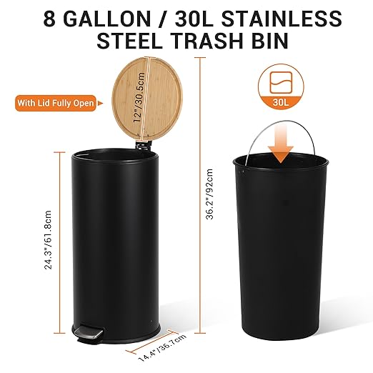 8 Gallon (30L) Step Trash Can with Soft-Close Bamboo Lid – Fingerprint-Resistant Stainless Steel, Removable Inner Bucket, Slim Round Indoor Garbage Bin for Kitchen, Bathroom, Office – Black