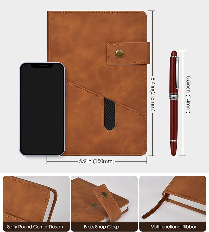 vfaejll Brown A5 Lined Leather Journal Notebook for Men Women,5.9" X 8.4" Personalized Hardcover Journal with Pen,200 Pages 100 Gsm Thick Ruled Paper Daily Diary for Travel,Business,Work,Writing