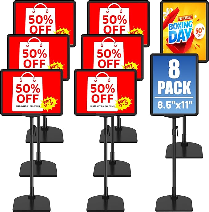 8Pack Sign Holder Stand for Display 8.5 x 11, Adjustable Poster Stand for Table Top & Floor, Floor Standing Sign Holder, Signage Stands for Business, Market, Retail, Store Display Stands