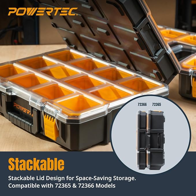 POWERTEC Small Parts Organizer & Tool Box – 20 Compartments, IP65 Water & Dust Protection, Stackable Storage with Interlocking Latch, Removable Bin, Divider, Clear Lid, Portable Design, 2PK (72366-P2)