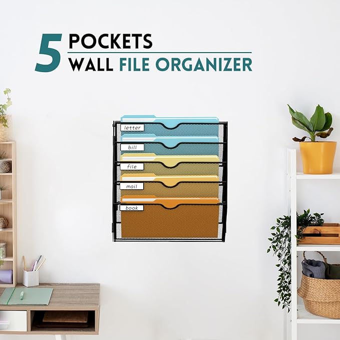 SUPEASY Wall File Organizer Mesh Office Mail Holder, Hanging Wall Organizer Magazine Rack for Office Black, 5 Tier