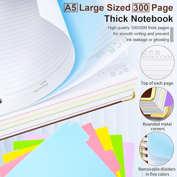 Hardcover Spiral Notebook 6.2"x 8.2" Journal Notebook with Tabs and Removable Dividers 300 Pages 5 Subject Notebook College Ruled, Faux Leather Spiral Bound Notebook for Women School Work (Brown)