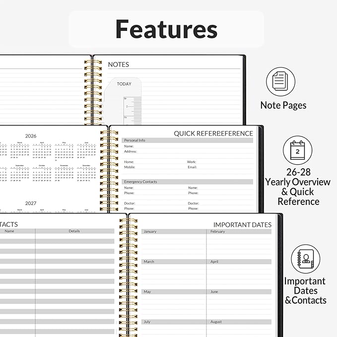 SUNEE 2026 Appointment Book, 2026 Hourly Planner 8.5" x 11", Hourly, Weekly & Monthly Planner - from January 2026 - December 2026, Flexible Cover, Note Page, Pocket, Bookmark, Black