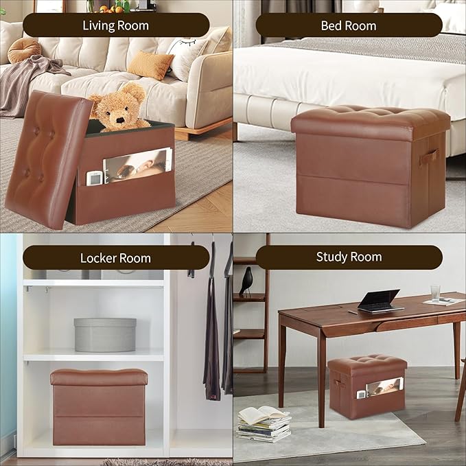 BelugaHelper Storage Ottoman Foot Rest Stool. Folding Ottoman with Storage with Thicker Foam Padded Seat. 330 lbs Footstool Bench for Living Room, Bedroom, Home Office Table, 17x13x13in, Light Brown