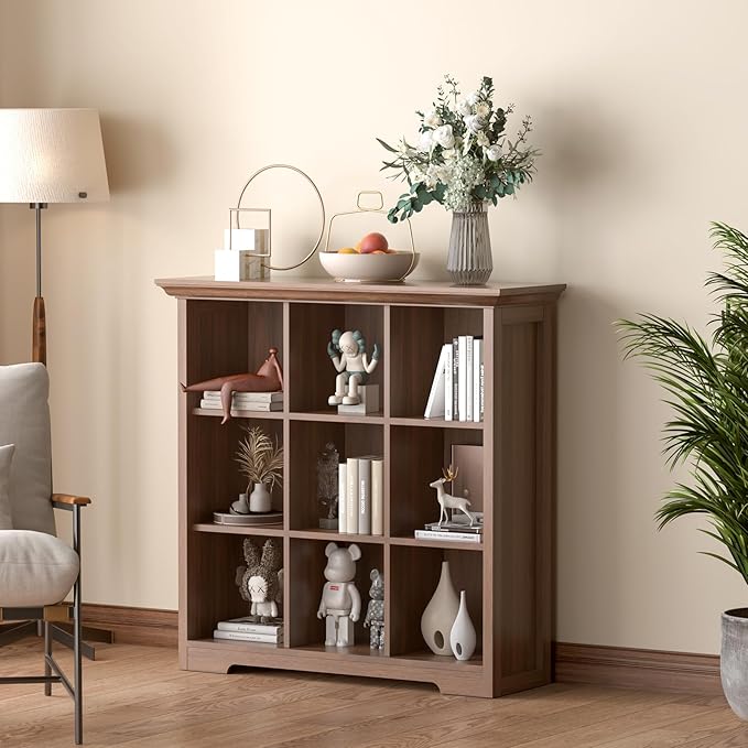 OSCHF Cube Shelf Bookcase with Base - Wooden 3 Tiers Floor Standing Low Storage Cabinet for Home and Office, 9-Cube Lattice Bookshelf, Walnut