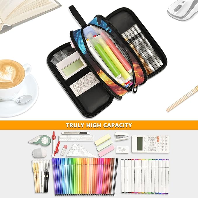 BOENLE Dragons Red Blue Fire Eyes Pencil Case Box Boys Girls Large Pencil Pouch with Zipper Compartments Big Capacity Stationery Pen Bag Organizer for Kids Teens Adults School
