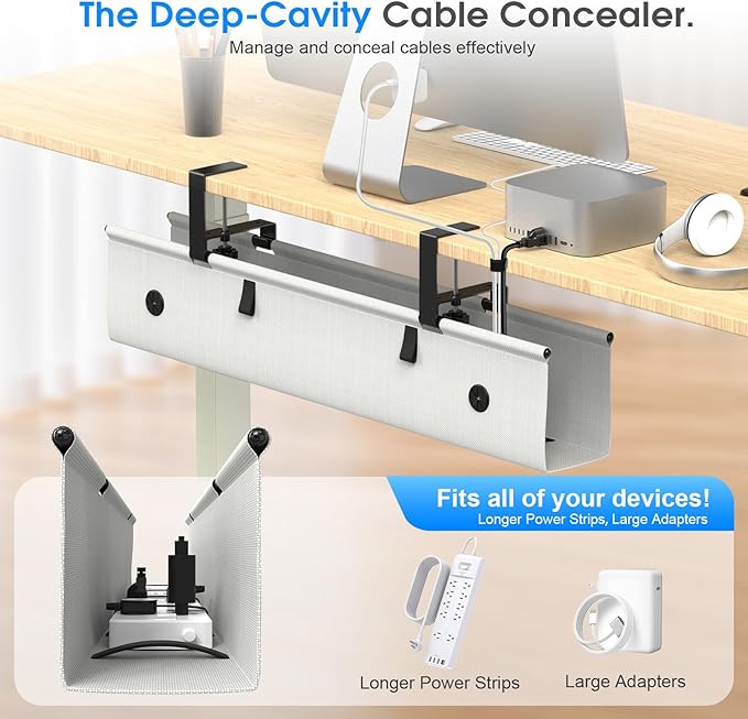 KIGJU Under Desk Cable Management Tray, 30-inch No-Drill Cord Organizer with Anti-Sag Reinforced Base, Fabric Wire Management Hider for Standing Desk, Office & Gaming Accessories - Grey