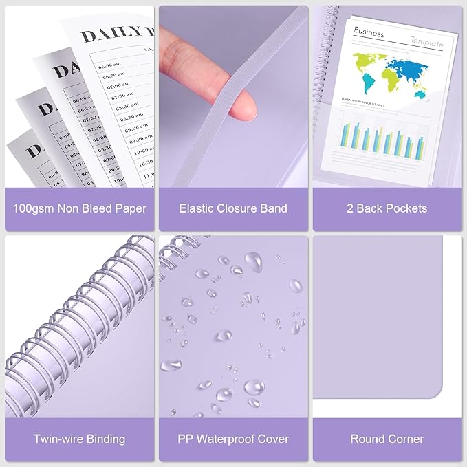 Planner Undated, Asten Daily Planner Agenda with To Do List, Hourly Planners for Women and Men, Spiral Appointment Book Planners Notebook with Elastic Closure, Day Planner for ADHD 8.5" x 11" (Purple)