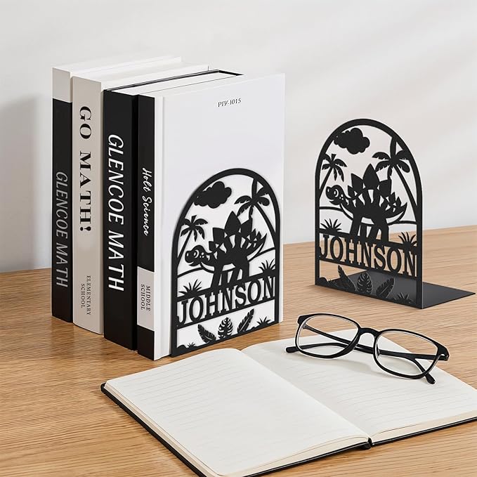 Personalized Name Book Ends Metal, Heavy Duty Bookends for Shelves Decorative, Dinosaur Non-Slip Book Stopper, Modern Bookshelf Decor for Home Office Desk, Gifts for Readers Color08