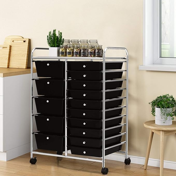 HAPPYGRILL 15-Drawer Rolling Cart, Storage Carts with Removable Drawers & Steel Frame, Utility Cart on Lockable Wheels for Home, School, Office, Black