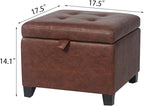 Adeco Small Faux Leather Storage Ottoman Bench with Wood Legs, Square Red & Brown PU Cube Foot Stool, Upholstered Button Tufted Vanity Chair with Hinged Lid for Living Room, Bedroom, Dorm