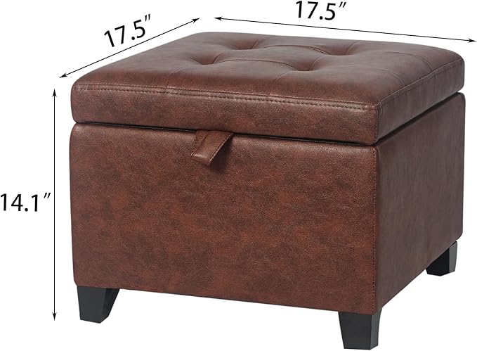 Adeco Small Faux Leather Storage Ottoman Bench with Wood Legs, Square Red & Brown PU Cube Foot Stool, Upholstered Button Tufted Vanity Chair with Hinged Lid for Living Room, Bedroom, Dorm