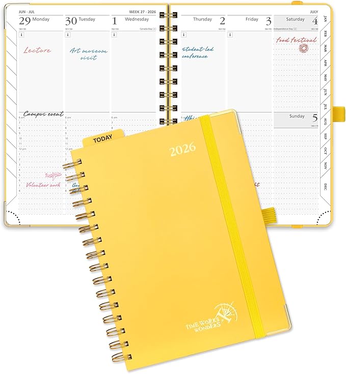POPRUN 2026 Planner Daily Weekly and Monthly Calendar with Hourly Schedule(Medium Size 8.5'' x 6.25'' Wire-Bound Hard Cover) - Agenda 2026 (Jan.2026-Dec.2026), Monthly Tabs - Light Yellow