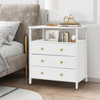 Edbuosy 3 Wooden Drawers Night Stand, 27 Inch Wide Nightstand with Charging Station and Adjustable Drawers, Small Dresser for Closet, Bedside Table for Living Room/Bedroom/Office, White.