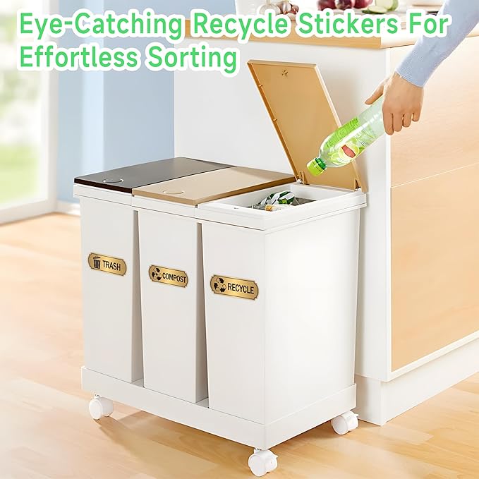 3PCS Recycle Stickers for Trash Bins, Self-Adhesive Waterproof Brushed Gold Trash Compost and Recycling Stickers for Trash Can, Kitchen, Office, Garbage Bin Indoor, Outdoor Use