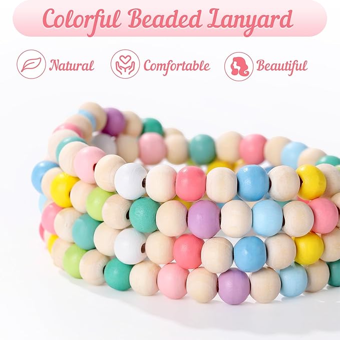 Lanyards for ID Badges Teacher Gifts Cute Wooden Beaded Lanyard with ID Holder Retractable Badge Reel Keys Eyeglass Chains for Women