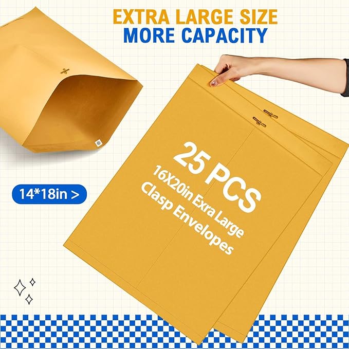 Motipuns 25 Pcs Manilla Envelopes 16 x 20 Inch Large Clasp Envelope Catalog Envelopes with Clasp Closure for Mailing Thick Documents Home, Business, Legal or School Storing Mailing (Golden)