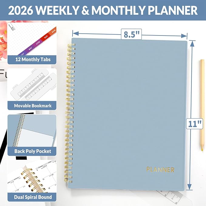 SUNEE 2026 Weekly and Monthly Planner - from January 2026 - December 2026, Daily Agenda Planner with Monthly Tab, Flexible Cover, Note Pages, Pockets, Bookmark, Spiral Binding, Gray Blue, 8.5"x11"
