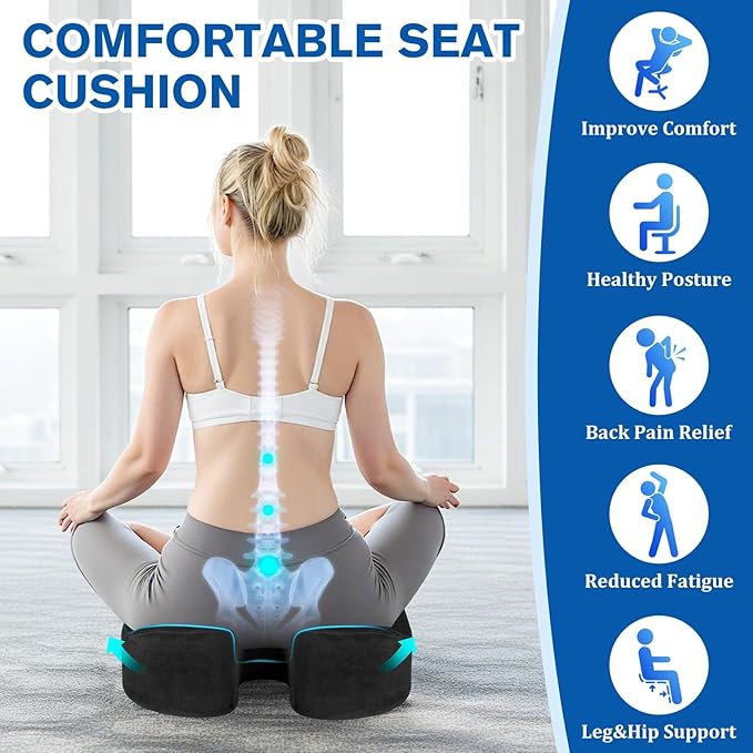 CushyOasis Seat Cushion, Gel Chair Cushions, Office Chair Cushions, Anti-Slip Bottom & Removable Cover Tailbone Pain Relief Cushion, Memory Foam Seat Cushion, 5.28 in Thick (Black)