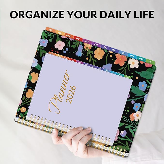 GNL 2026 Planner, Weekly and Monthly Planner (January - December 2026), 8.5" x 11" Monthly Agenda Planner with Waterproof Flexible Cover, Spiral Binding Notebook with Tab, Pockets, Bookmark, Flower