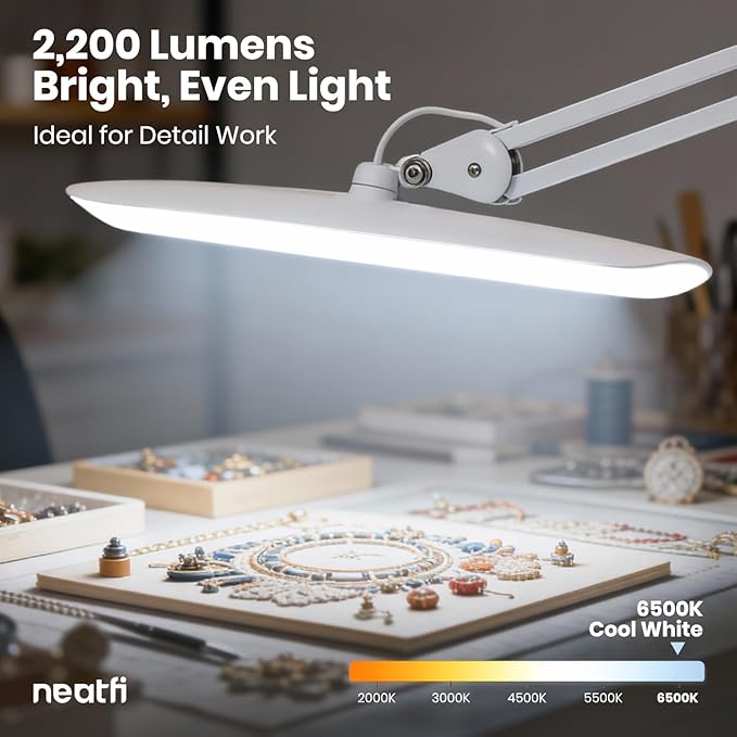 Neatfi XL 2,200 Lumens LED Desk Lamp with Clamp, 24W Bright Architect Task Lamp, 20 Inches Dimmable Computer Light, Adjustable Desk Light for Home, Office, Crafts, Nails & Hobbies (Non-CCT, White)