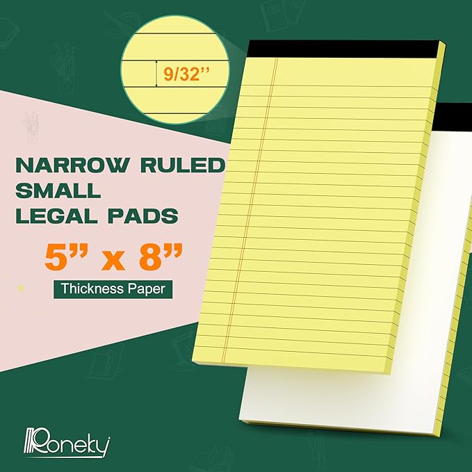Roneky Yellow Legal Pads 5x8 Notepads, 12 Pack Small Note Pads 5x8 College Ruled Perforated Memo Pad for Work, Narrow Ruled Lined Writing Pads, 30 Sheets Per Pad, Mini Notepad for Office Home School