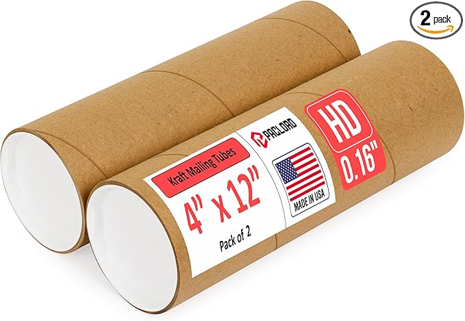 Paclord 4" x 12" Heavy-Duty Reinforced Cardboard Mailing Tube, Pack of 2 Tubes with 4 Caps – Secure USPS Approved – Great for Shipping and Storing of Prints, Artwork, Posters or Documents