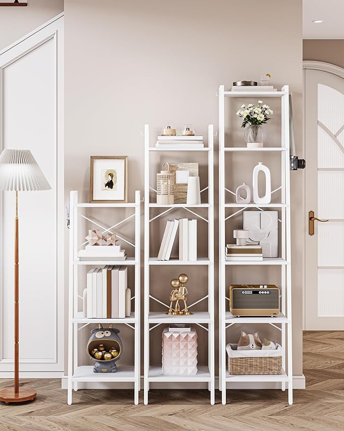Hzuaneri Ladder Shelf, Bookshelf Bookcase, Freestanding Corner Storage Shelve with 2 Hooks for Home Office, Living Room, Kitchen, Bedroom, Industrial, 6-Tier White BC13313W