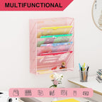 GDINDINFAN Hanging Wall File Organizer 6 Tier Wall Mounted Mail Paper Folder Holder Document Organization Stand, Vertical Desk Magazine Rack for Office Home Cubicle Countertop, Pink