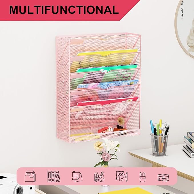 GDINDINFAN Hanging Wall File Organizer 6 Tier Wall Mounted Mail Paper Folder Holder Document Organization Stand, Vertical Desk Magazine Rack for Office Home Cubicle Countertop, Pink