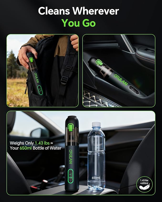 Cfulan Car Vacuum Portable Cordless, 21KPa 4-in-1 Handheld Mini Vacuum Cleaner with 8 Attachments, 3 Suction Modes, One-Touch Empty, Type-C Charge, Hand Vacuum for Car, Home, Keyboard, Small Job