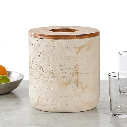 Natural Travertine Textures Beige Mini Trash Can with Bamboo Lid,Small Countertop Trash Can for Bathroom, Kitchen, Vanity, Desk Trash Can,Table Top Mini Garbage Can for Dining Room, Tiny Waste Basket