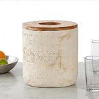 Natural Travertine Textures Beige Mini Trash Can with Bamboo Lid,Small Countertop Trash Can for Bathroom, Kitchen, Vanity, Desk Trash Can,Table Top Mini Garbage Can for Dining Room, Tiny Waste Basket