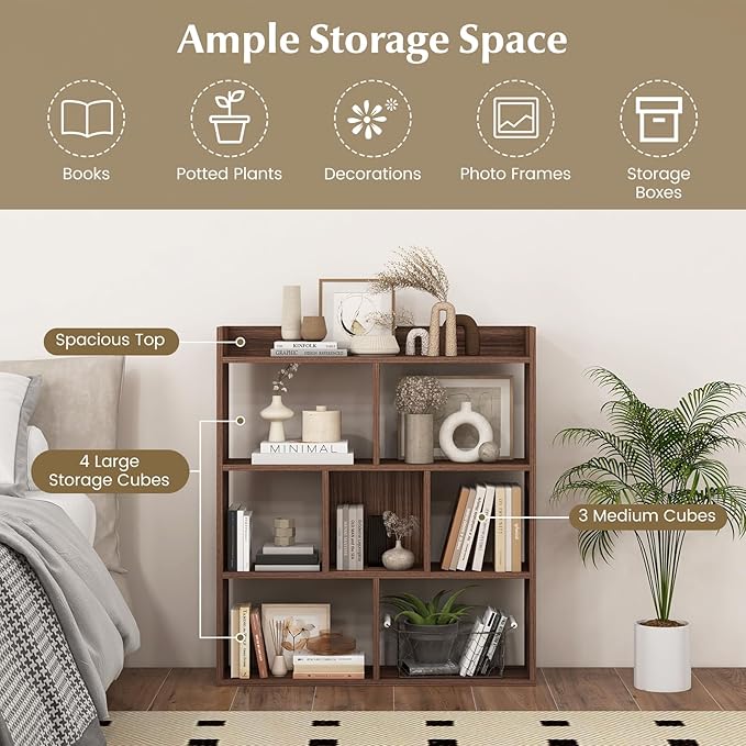 Giantex 7 Cube Bookshelf, Free-Standing Wooden Bookcase, 4 Tier Home Display Shelf, Horizontal Storage Unit w/Anti-Toppling Devices, Open-Back Display Rack for Study, Bedroom, Living Room, Walnut