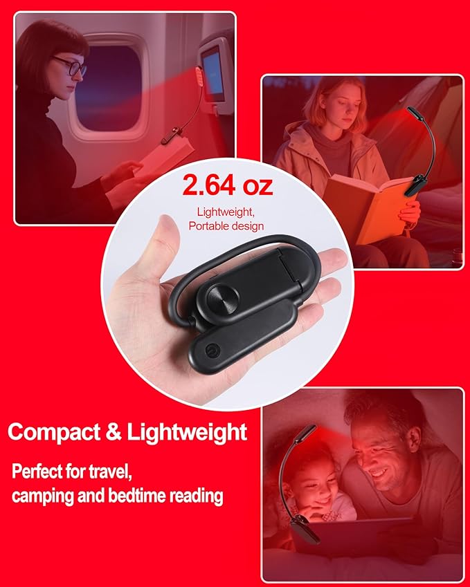 Finezeal 670nm Red Book Light [1 Pack] - Zero Blue Light, Rechargeable Clip On Red Reading Light Lamp for Reading at Night - Poratble Dimmable LED Book Lamp, Gift for Lovers Travel Studying Nursing
