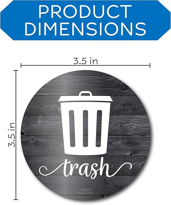 Farmhouse Recycling Stickers for Trash Can & Bins, 3.5" Recycle Stickers for Trash Bins, Laminated Recycle Sticker for Kitchen Garbage Can Recycling Bin Combo, Made in USA, Black & White Wood