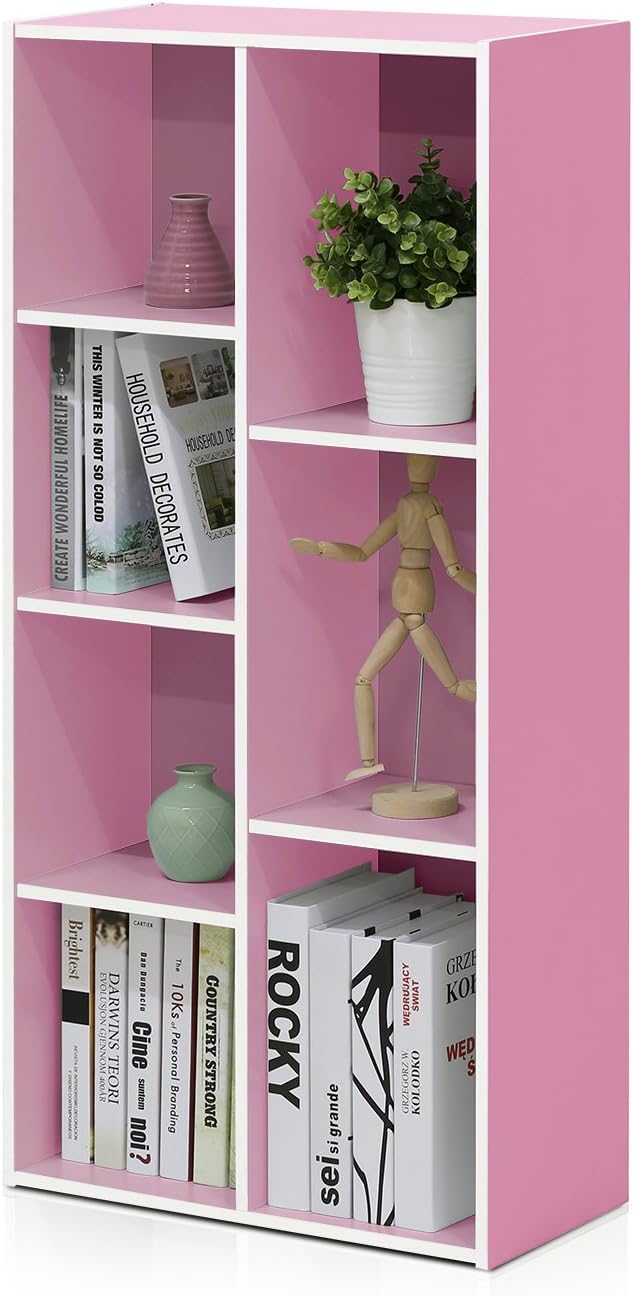 Furinno LUDER Book Shelf, 7-Cube Bookshelf, Bookcase, 9.4 x 19.5 x 41.7, for Living Room, Bedroom, Home Office, White/Pink