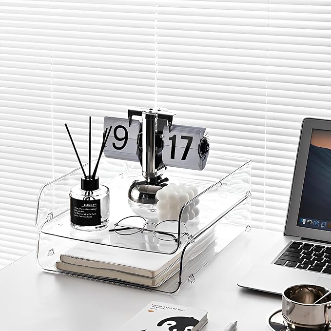 Gagee 4 Pack Paper Organizer for Desk,Clear Stackable Paper Sray Holder, Office Desk Organizer for Notes, Pens, File, Document