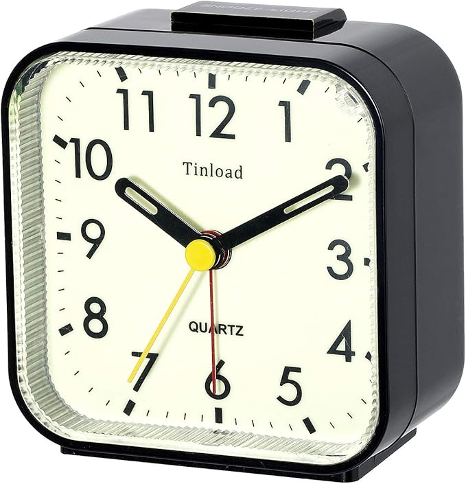 Tinload Small Battery Operated Analog Travel Alarm Clock Silent Non Ticking,Gentle Wake, Ascending Beep Sounds, Snooze,Lighted on Demand, Glow in Dark dial,Easy Set