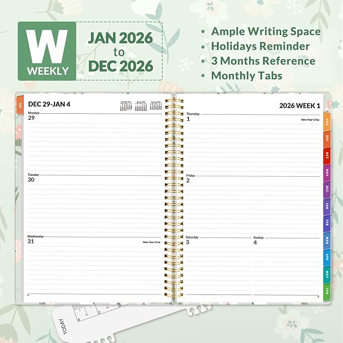 SUNEE 2026 Weekly and Monthly Planner - from January 2026 - December 2026, Daily Agenda Planner with Monthly Tab, Flexible Cover, Note Pages, Pockets, Bookmark, Spiral Binding, Green Wildflowers, 8.5"x11"