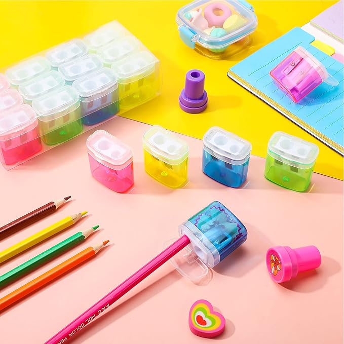 Tenare 48 Pieces Back to School Pencil Sharpeners Manual Double Hole Pencil Sharpener with Lid Hand for Home School Office, Handheld Plastic Crayon Grinder, Pink, Yellow, Green, Blue