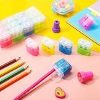 Tenare 48 Pieces Back to School Pencil Sharpeners Manual Double Hole Pencil Sharpener with Lid Hand for Home School Office, Handheld Plastic Crayon Grinder, Pink, Yellow, Green, Blue