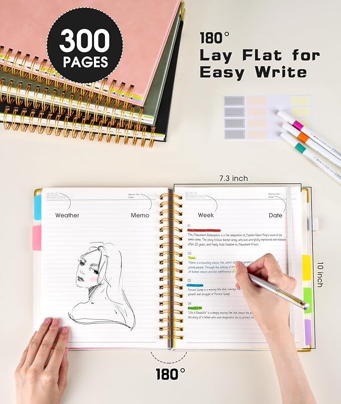 Hardcover Spiral Notebook Journal with Removable Dividers Tabs, 300 Pages Leather 5 Subject Notebook College Ruled, 8"x10" Large B5 Notebooks for Work School Note taking, Lined Journal for Women, White