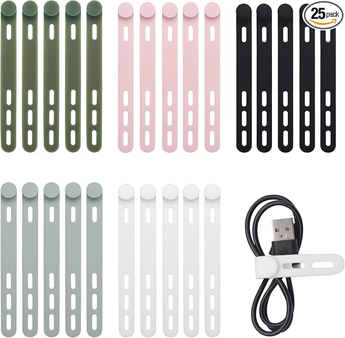 25 PCS Silicone Cable Ties Cord Organizer -[3 Adjustable Holes] Multi Color Elastic Reusable Cord Wraps Management, Home Organizer Ties for Phone Charger Electrical Cable, Travel Essentials