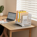 OrgMate Desk File Folder Holder Organizer-4 Vertical Compartments Racks and Paper Letter Tray,Mesh Magazine File Holder Sorter,Desktop Accessories & Workspace Organizers for Home,Office,School-White