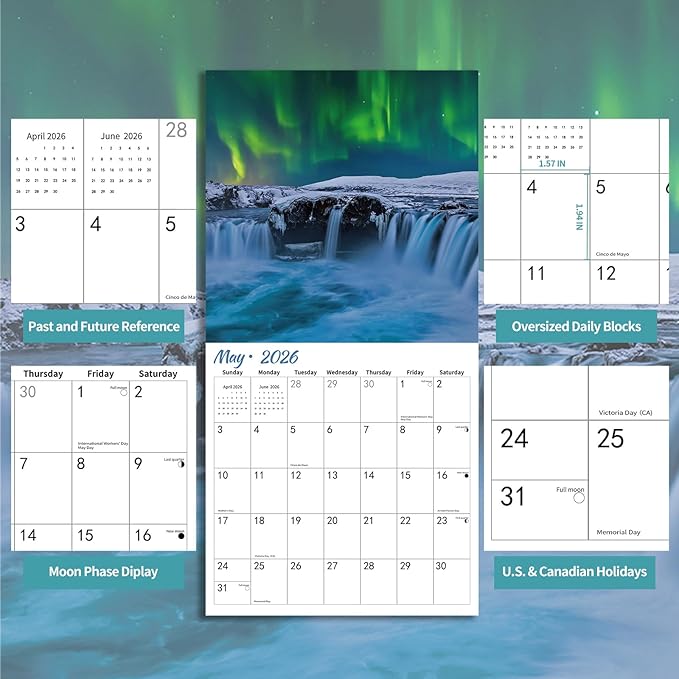 2026 Wall Calendar, Aurora Wall calendar 2026, 12" x 24" Opened, Thick Glossy Paper, Home and Office Organizer
