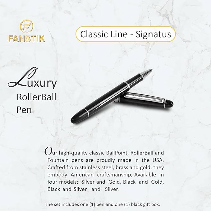 FANSTIK Customized RollerBall pen with name (MADE IN USA), stainless steel, black and silver, luxury engraved pen personalized for men and for women. (RollerBall Black-Silver)
