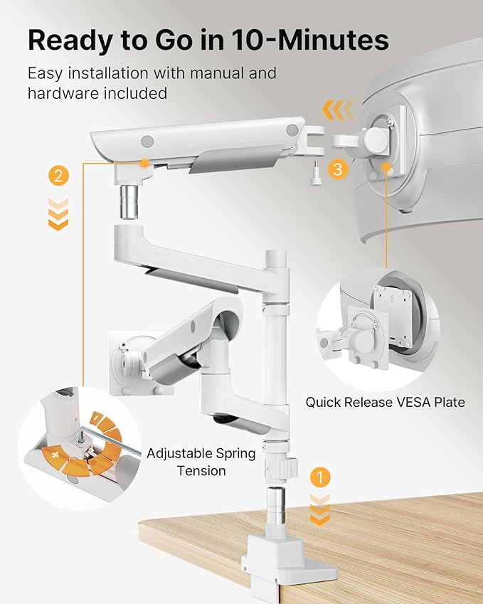 monTEK Sleek Aluminum Monitor Arm for 17–57” Ultrawide Screens up to 59.4 lbs, USB 3.0 A/C, Heavy Duty Dual Monitor Arm Desk Mount, Pneumatic Lift, Quick-Release Plate, Clamp/Grommet, max VESA 100x100
